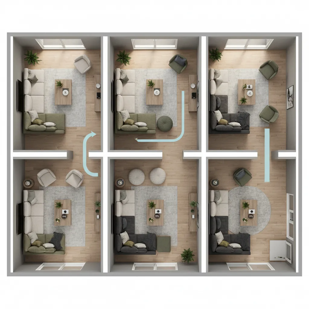 plano de salón con diferentes opciones de distribución de muebles