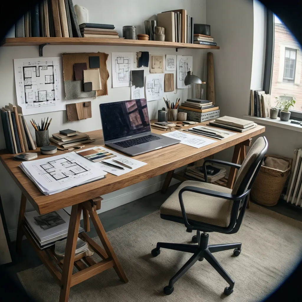 Wooden desk with laptop and floor plans plus fabric samples and chair in home office