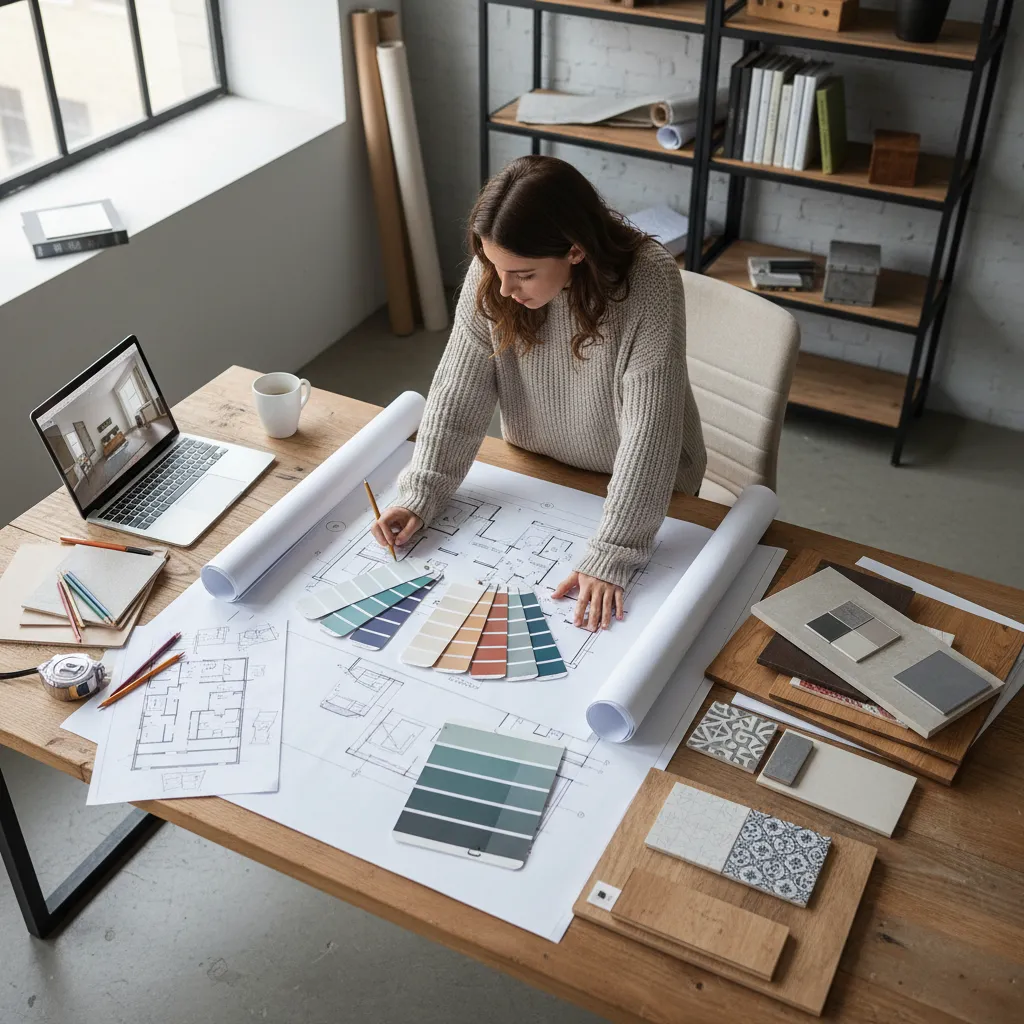 Estudiante analizando planos de interiorismo con muestras de colores y materiales