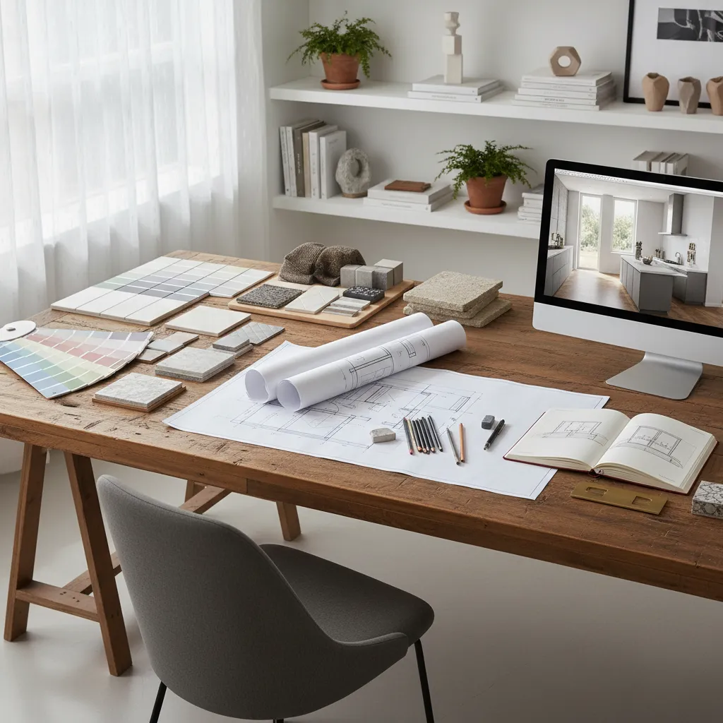 Mesa de trabajo con muestras de materiales, paleta de colores y plano de interior