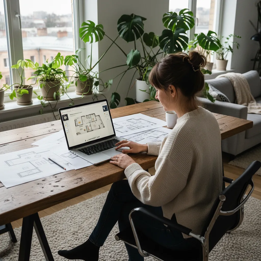 Woman sitting at wooden desk using laptop with room layout drawings and green indoor plants
