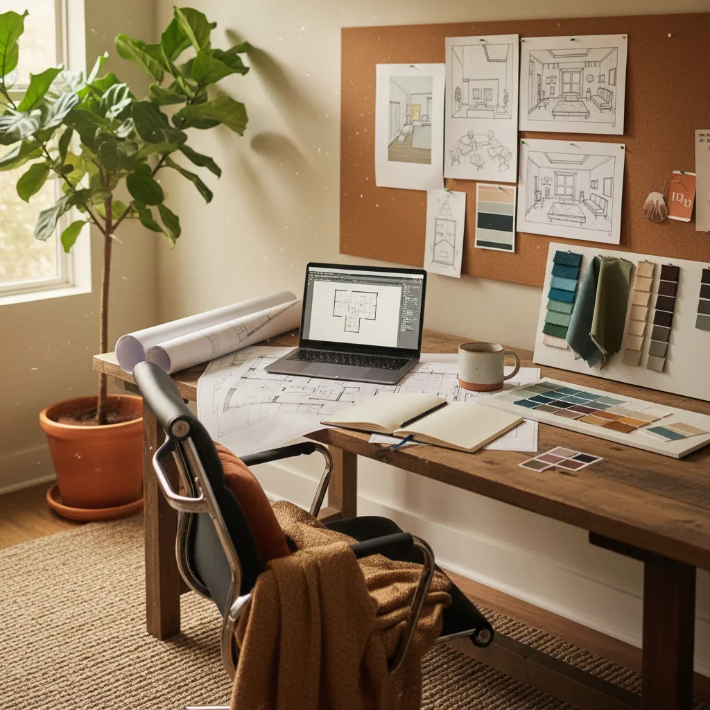 Persona estudiando diseño de interiores en casa con planos y laptop