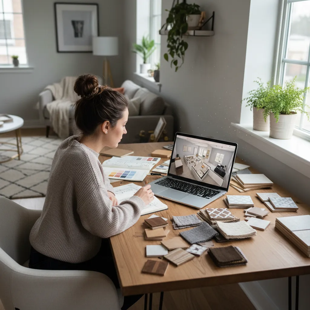 Persona estudiando diseño de interiores en casa con portátil y muestras de materiales