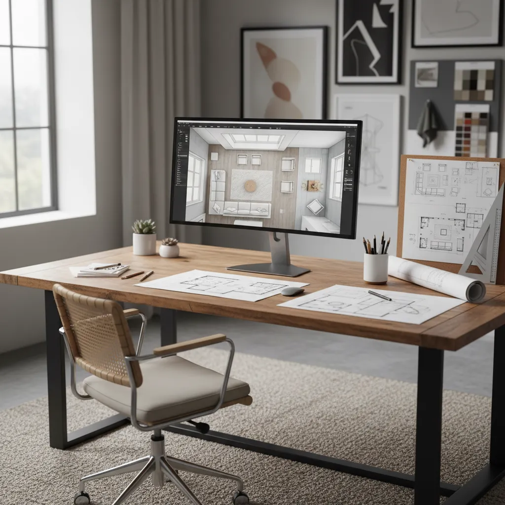 Pantalla con plano de distribución de sala y muebles en diseño interior