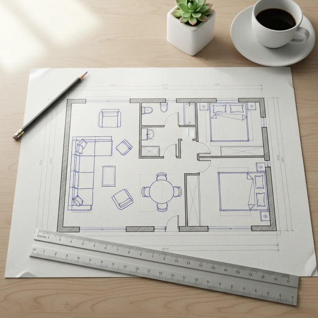 Plano de distribución de vivienda con medidas y muebles básicos