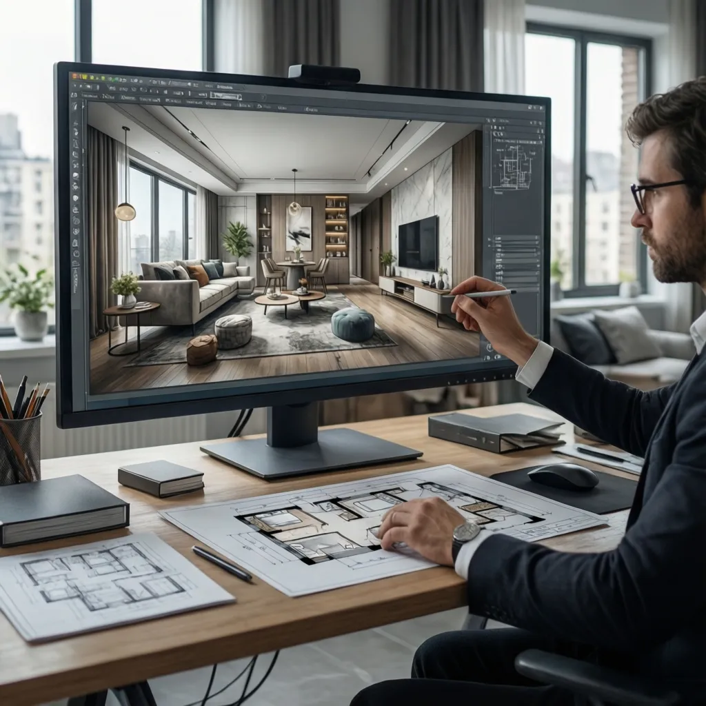 Persona analizando un plano de vivienda en una pantalla