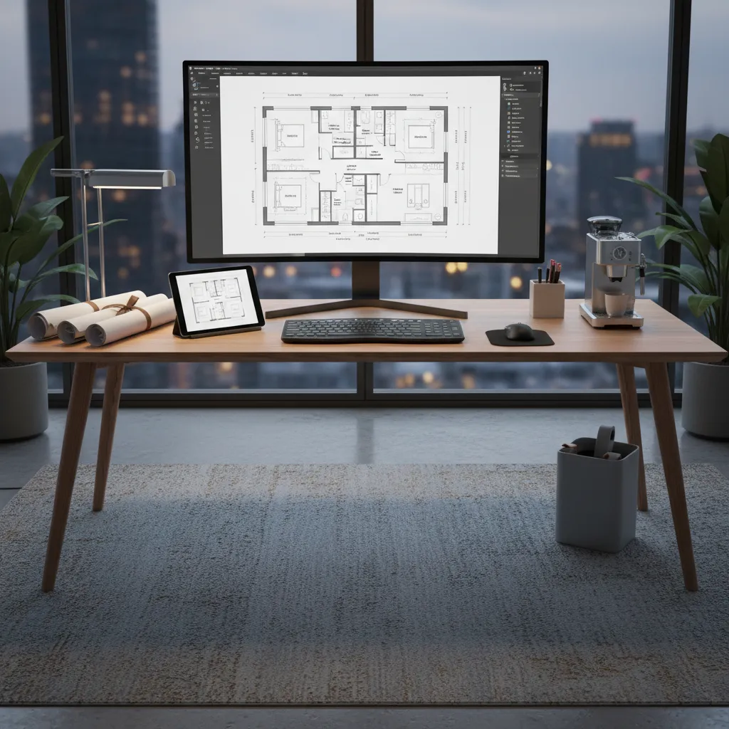 Pantalla de ordenador mostrando un plano de interiorismo en proceso de diseño