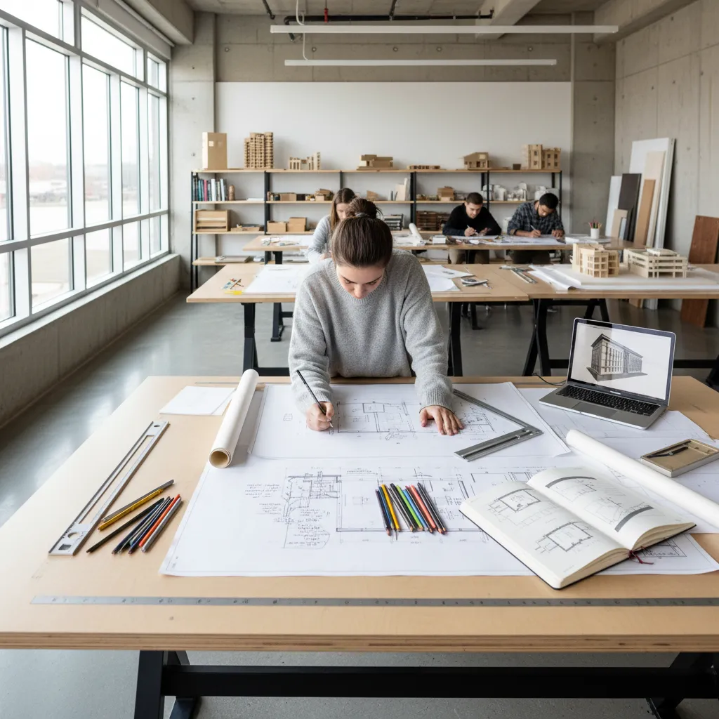 Alumno de interiorismo revisando planos arquitectónicos en una mesa de trabajo