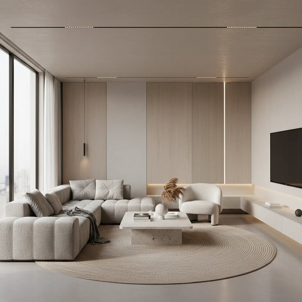 Minimalist living room with beige sofa, round rug, marble table, and light wood wall panels