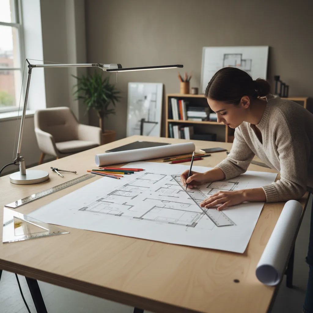 Estudiante diseñando la distribución de un apartamento en plano