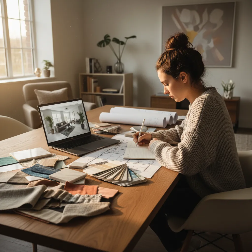 Estudiante analizando planos y muestras de materiales en casa