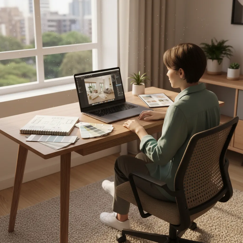 Persona aprendiendo diseño de interiores desde casa con portátil y cuaderno