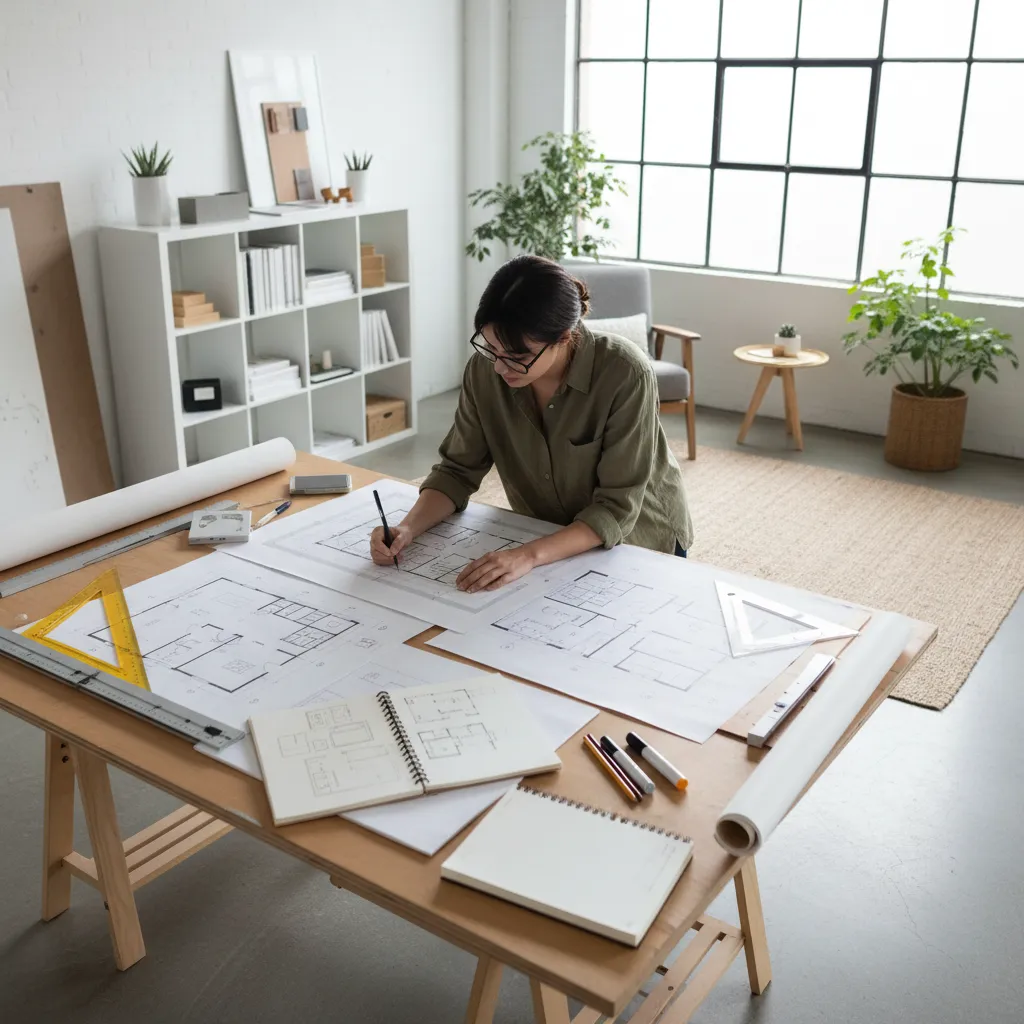 Estudiante trabajando con planos de vivienda en una mesa de diseño