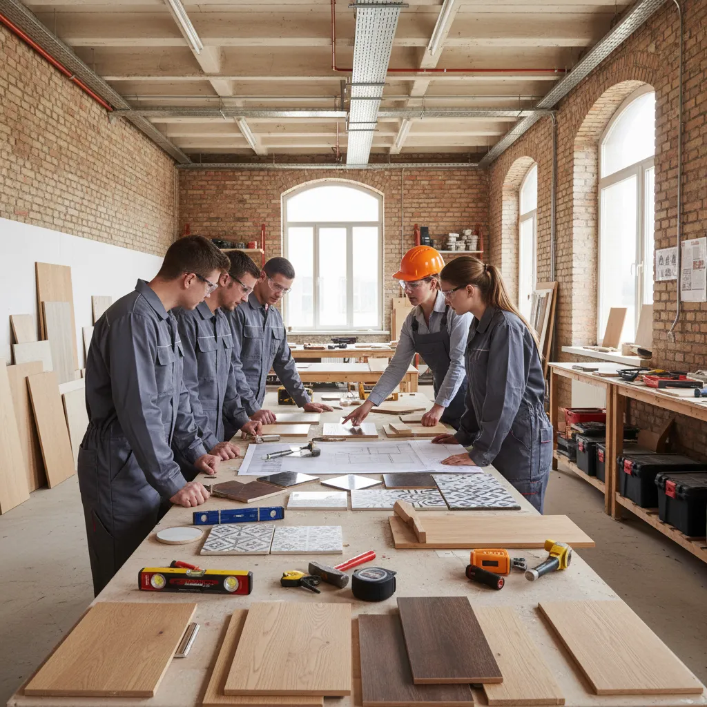 Estudiantes analizando materiales de construcción interior