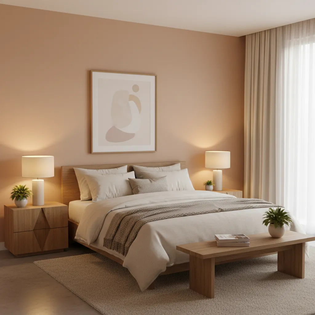 soft apricot bedroom with neutral bedding and wood furniture