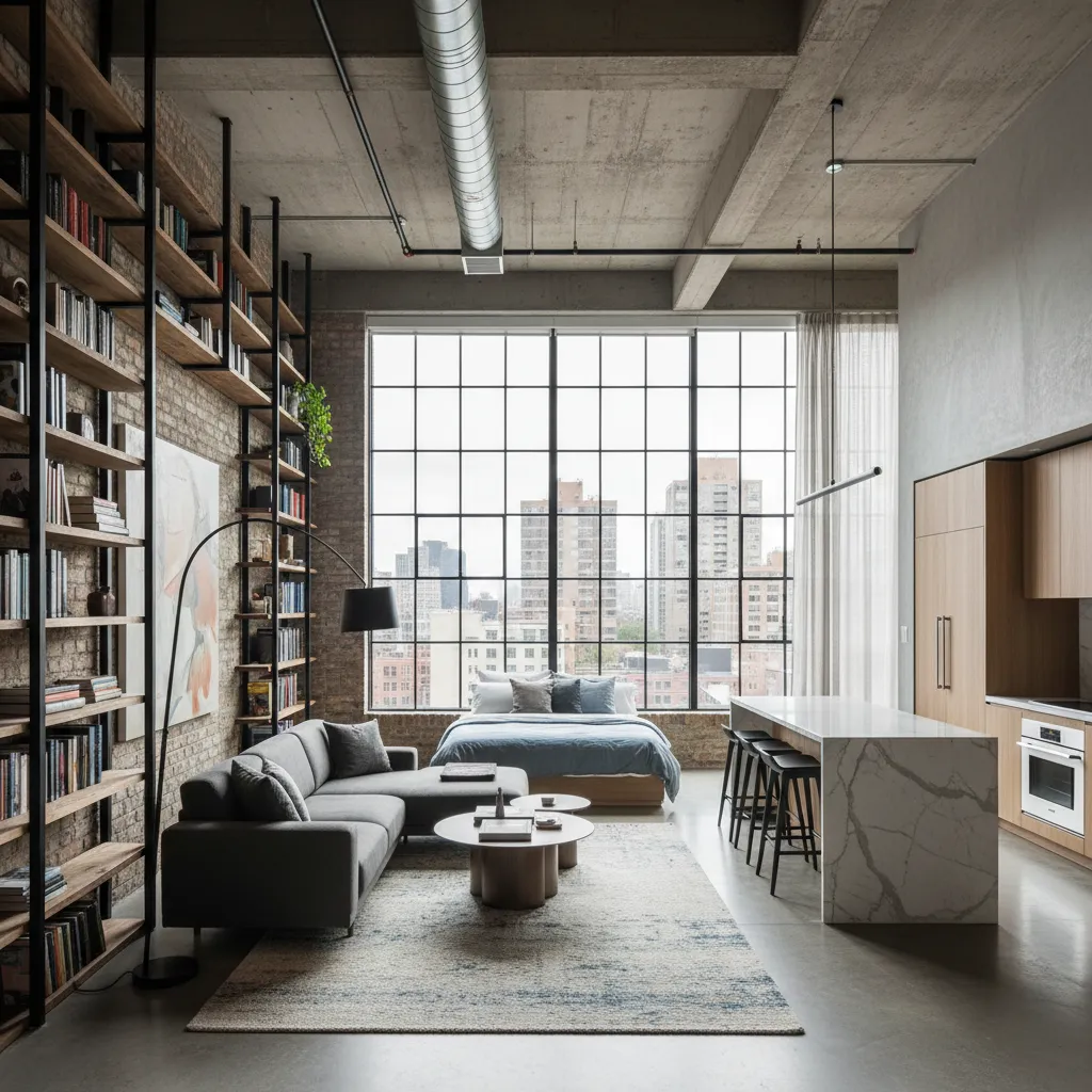 Loft con techos altos y estanterías verticales en estudio grande