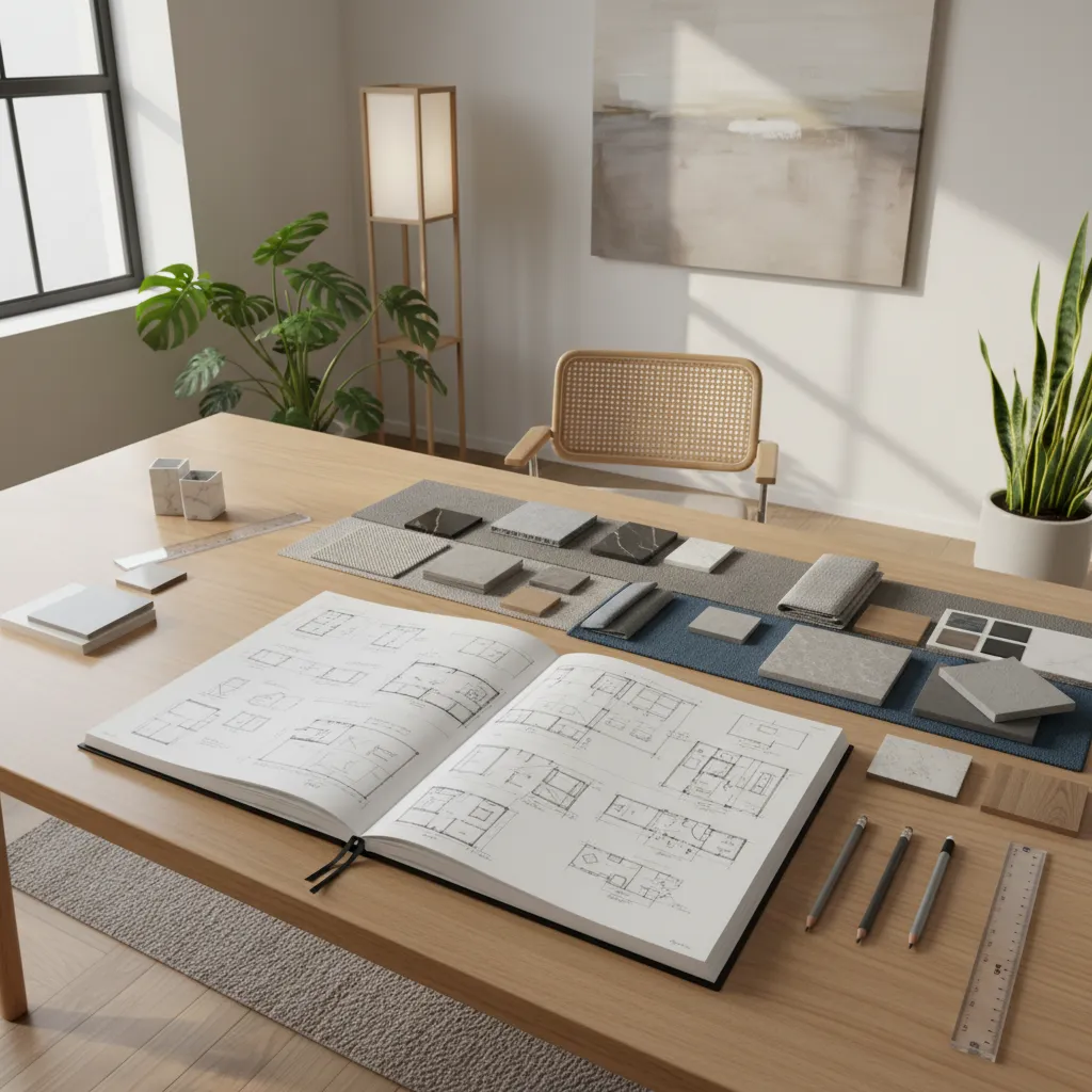 Open book showing room layout designs with material samples and plants on a wooden desk