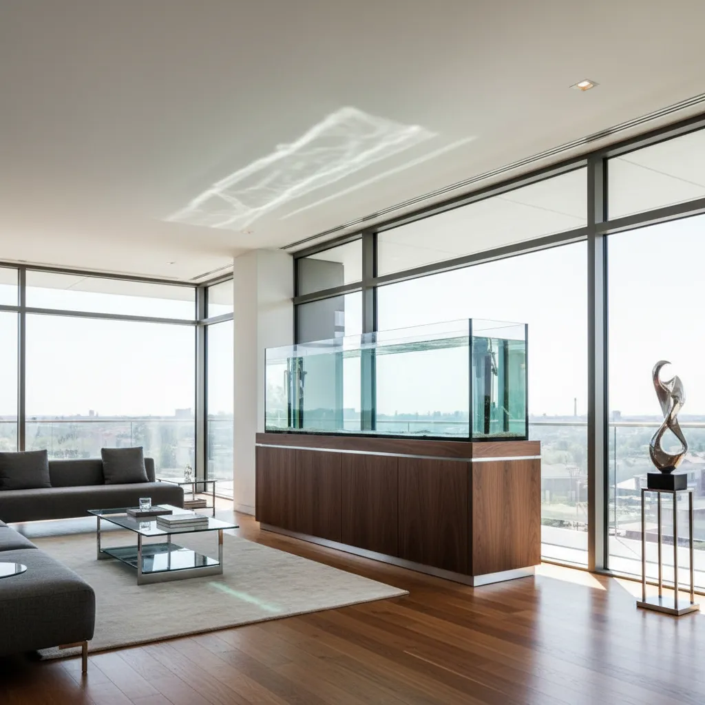 Large aquarium positioned along exterior wall upstairs for structural support