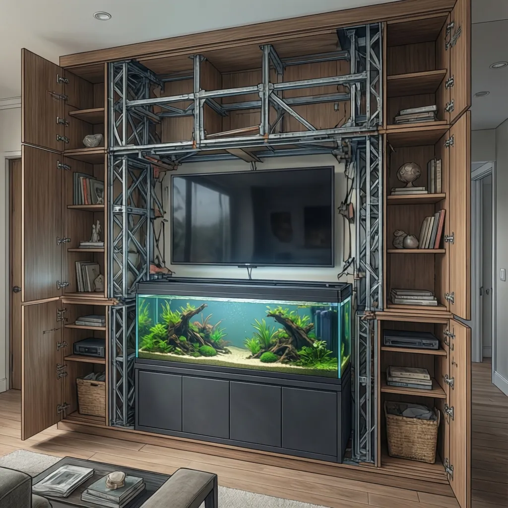 Interior design drawing showing wood cabinet with metal frame holding television and a fish tank