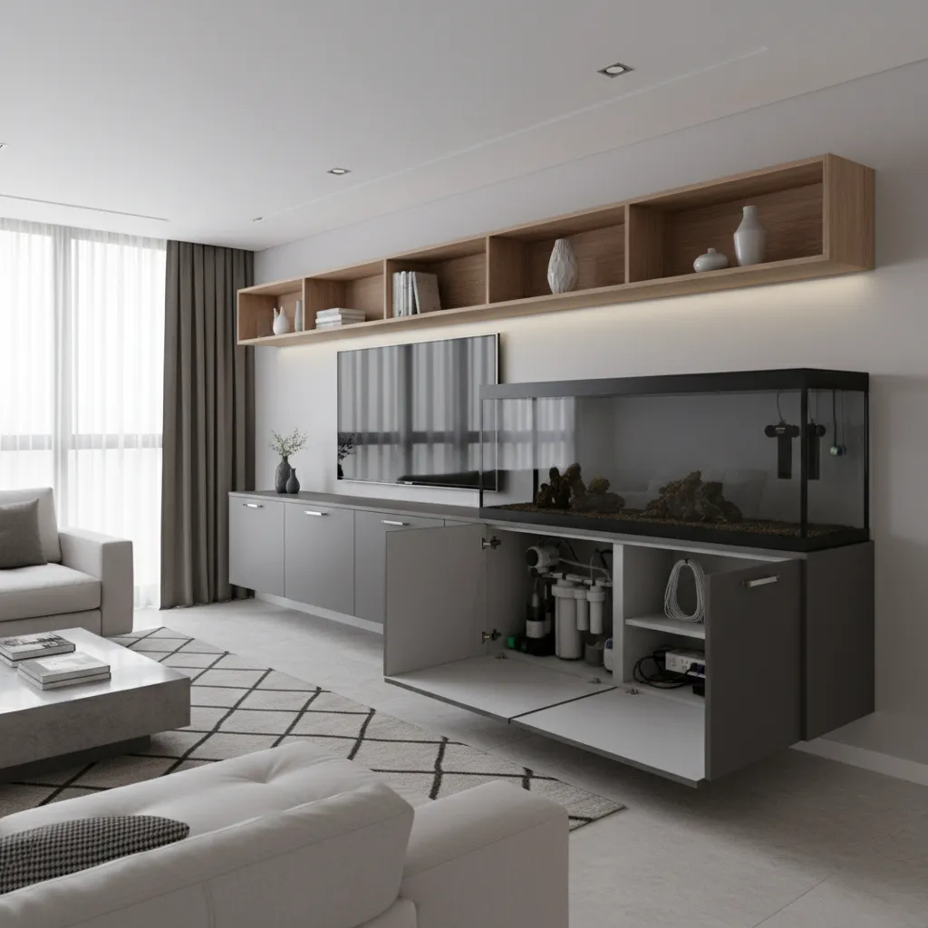 Living room cabinet showing open doors with fish tank filters and equipment below a television.