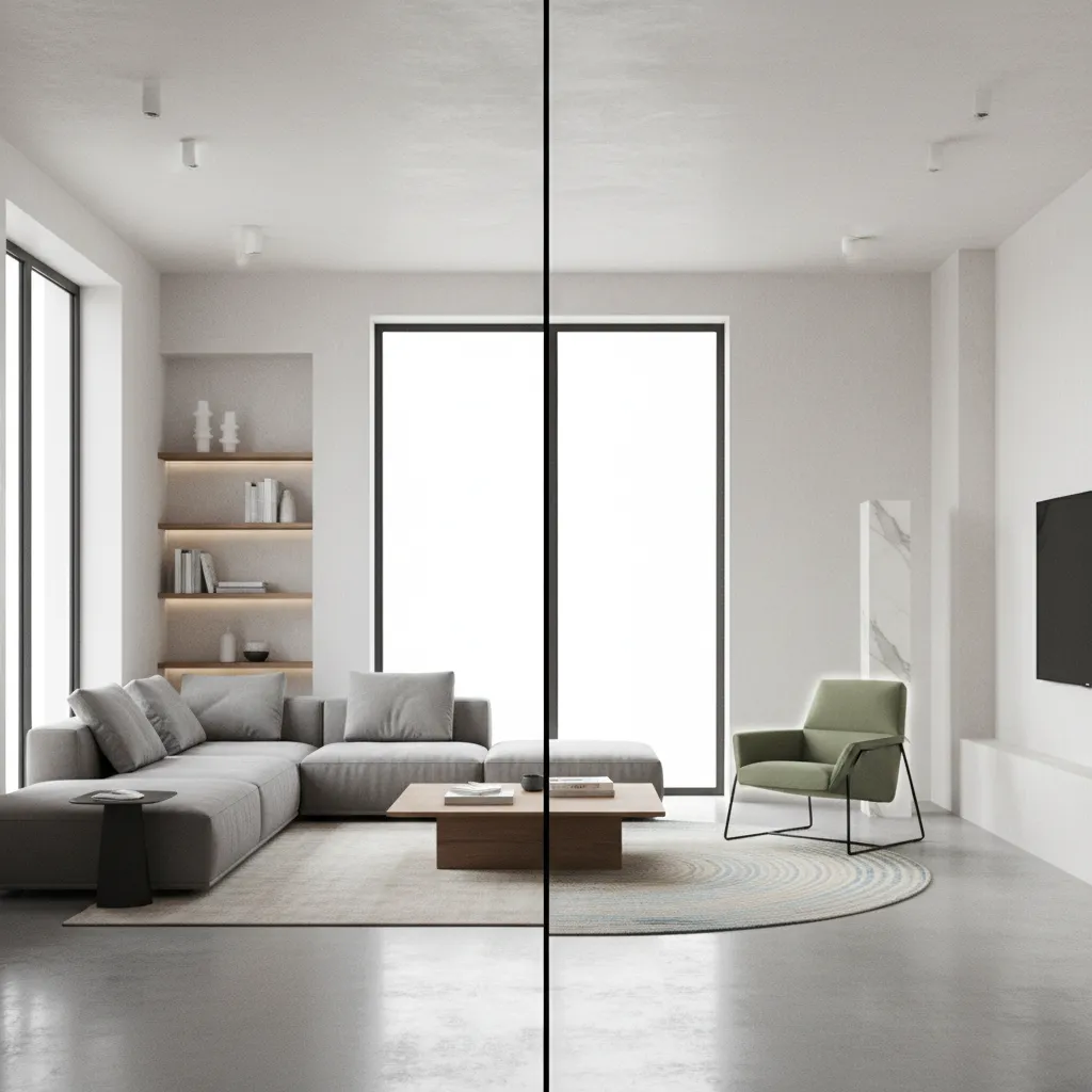 Side by side view comparing a basic room to a finished interior design drawing setup