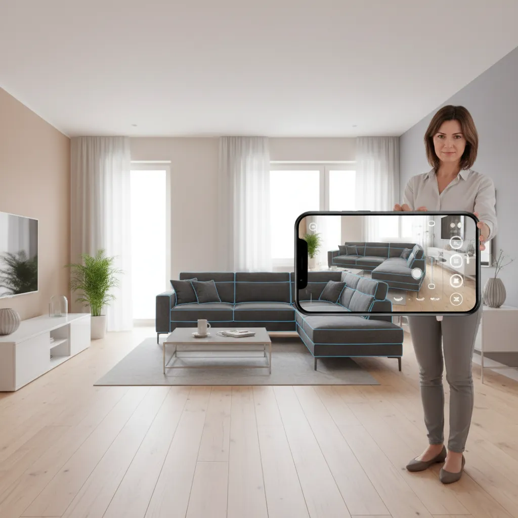 Woman using a phone to see a digital sofa inside a real living room space