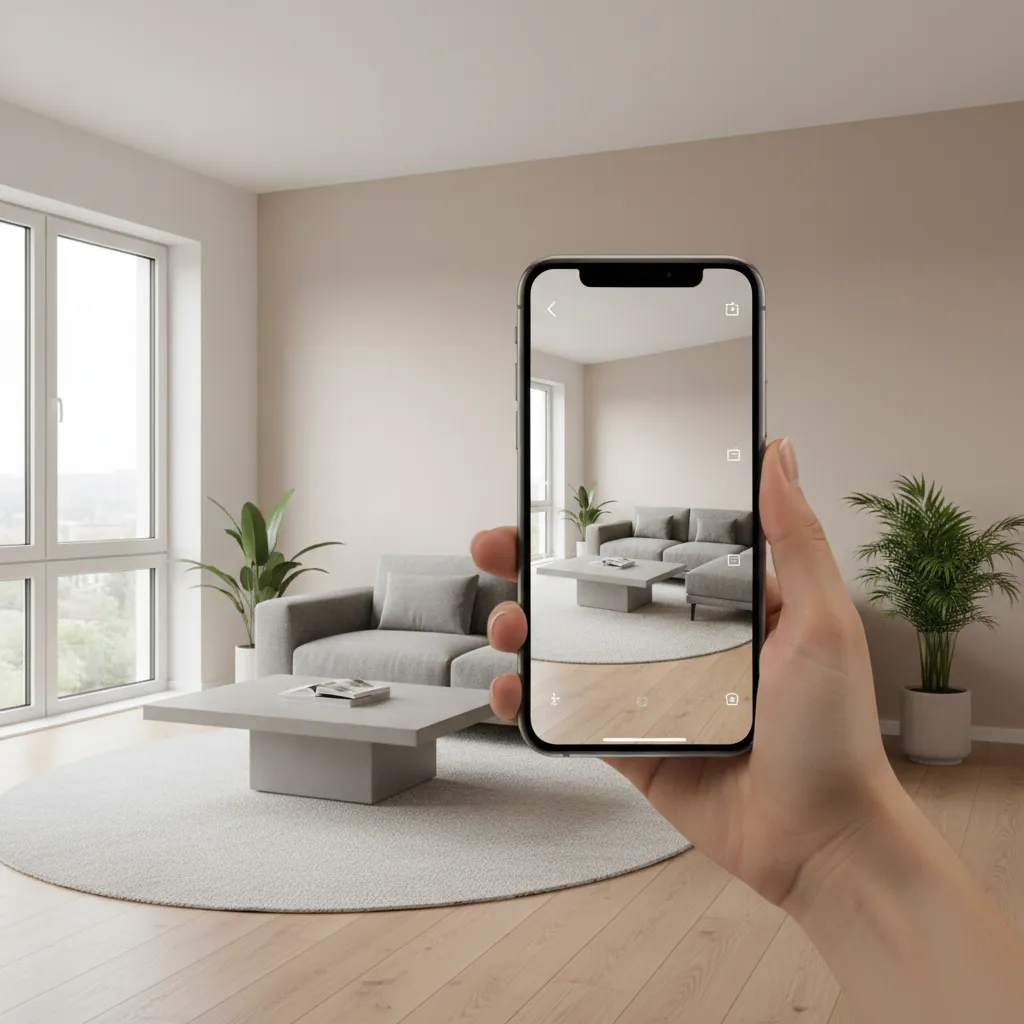 Hand holding a phone using an app to place furniture in a modern living room