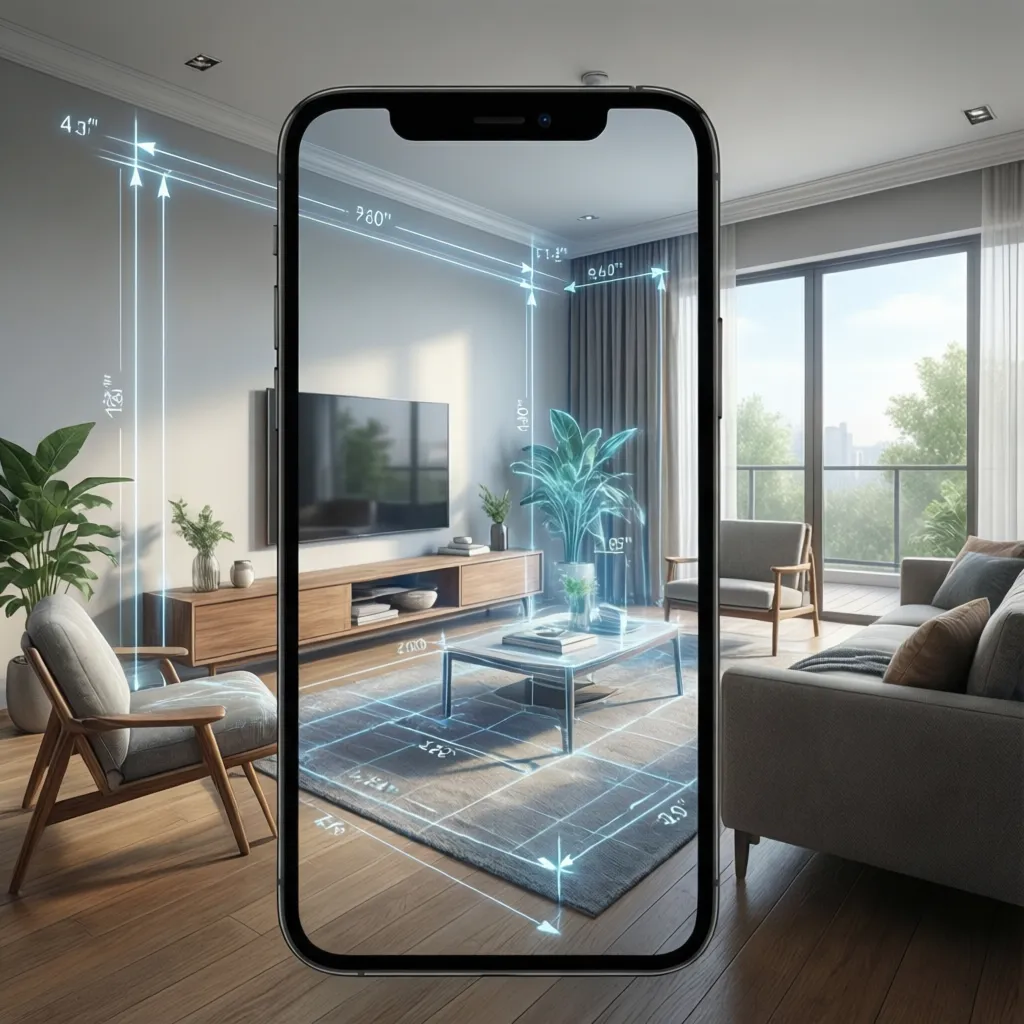 Augmented reality overlay showing room dimensions and layout planning