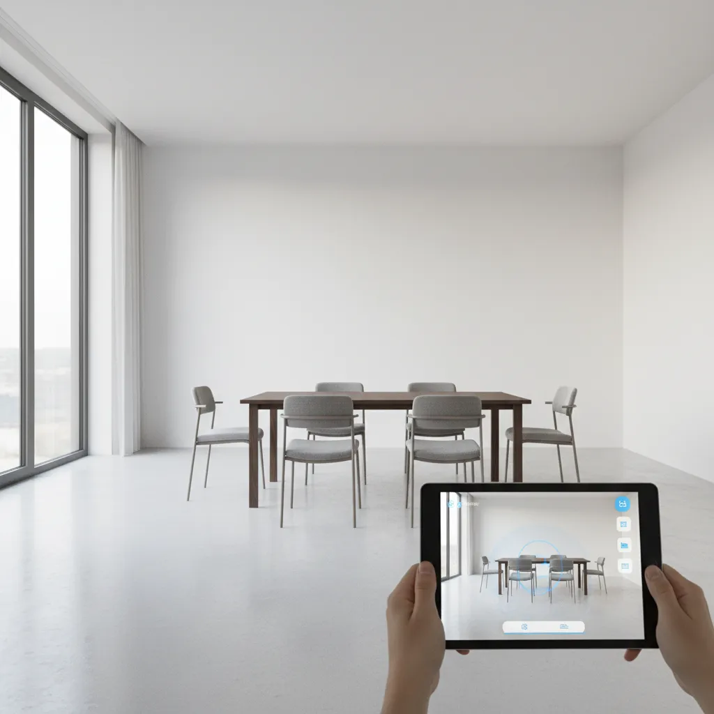 Hand holding tablet showing augmented reality dining room design with wooden table and grey chairs