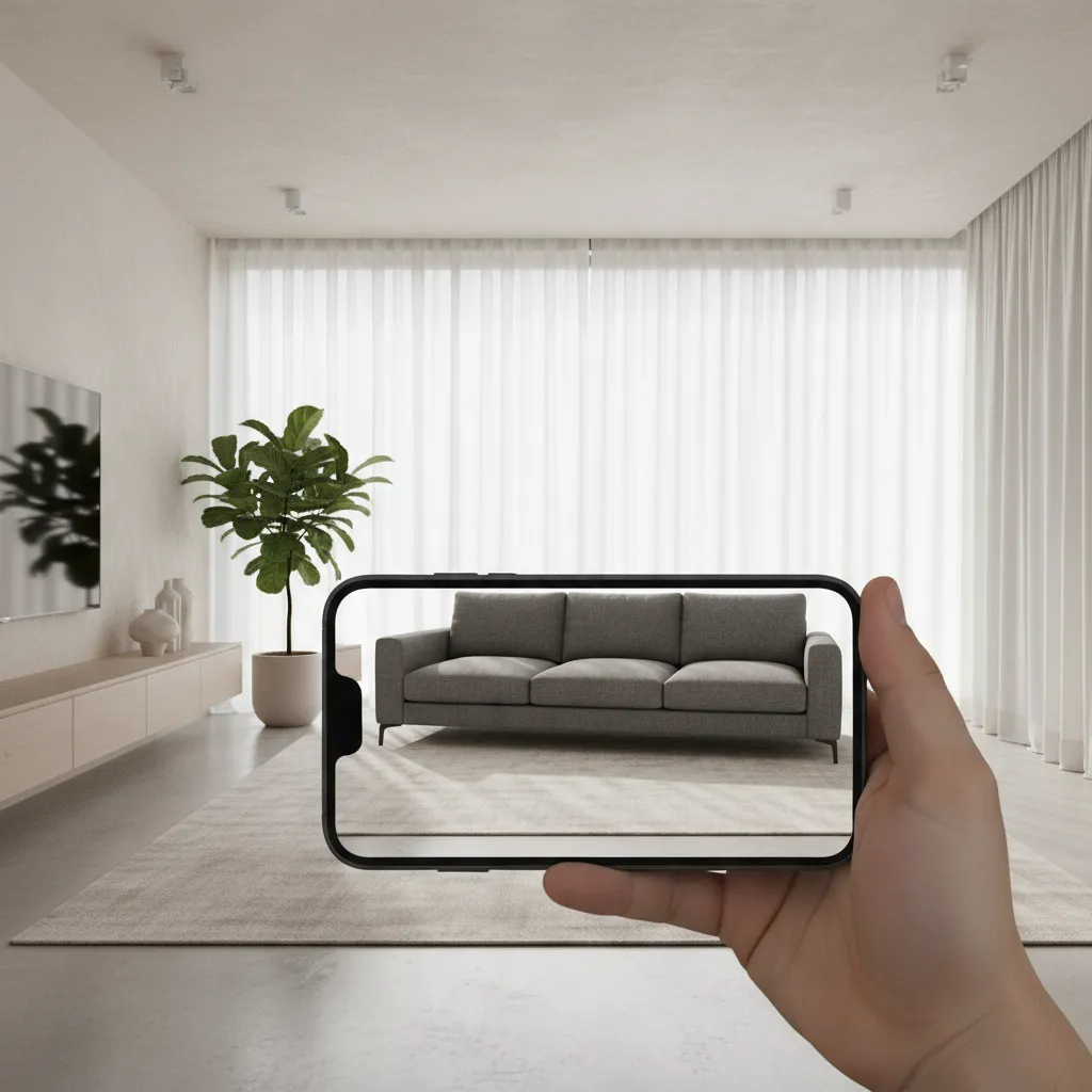 Augmented reality app previewing a sofa placement inside a real living room