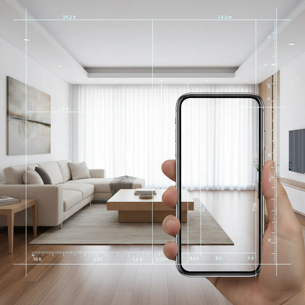 Smartphone scanning a living room with AR measurement grid