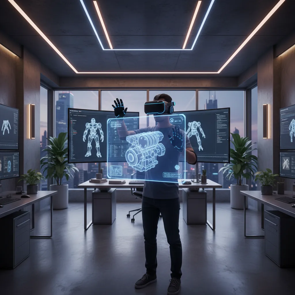 designer viewing AR 3D model visualization through headset and computer display