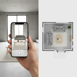Hand using phone app to place furniture in room compared to 2D floor plan drawing