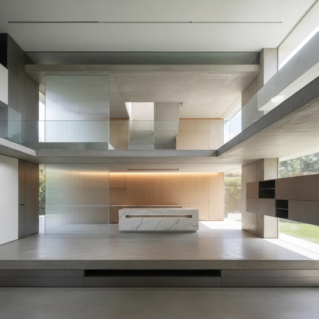 Modern interior design drawing with concrete walls glass railings wooden panels and a marble island