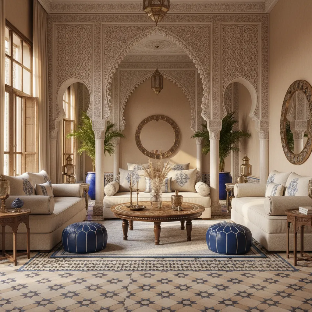 Interior con arcos árabes decorativos y mosaicos geométricos