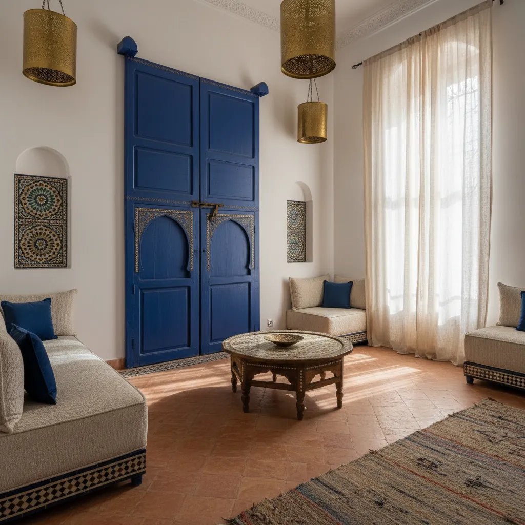 Interior árabe con paredes claras y detalles en azul y terracota