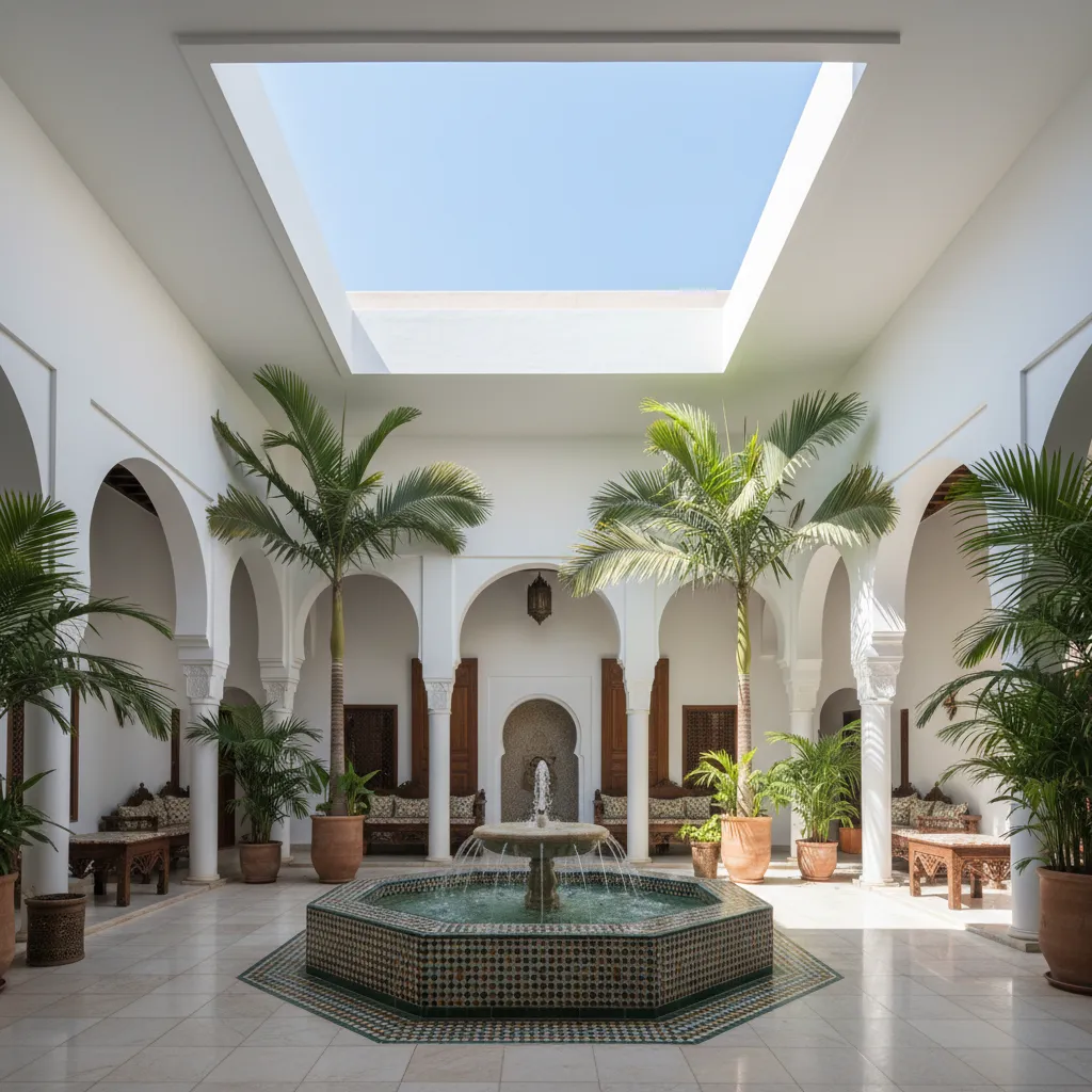 Patio interior con vegetación y fuente en casa árabe tradicional
