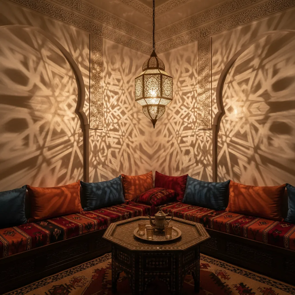 Iluminación interior con lámparas árabes perforadas proyectando sombras