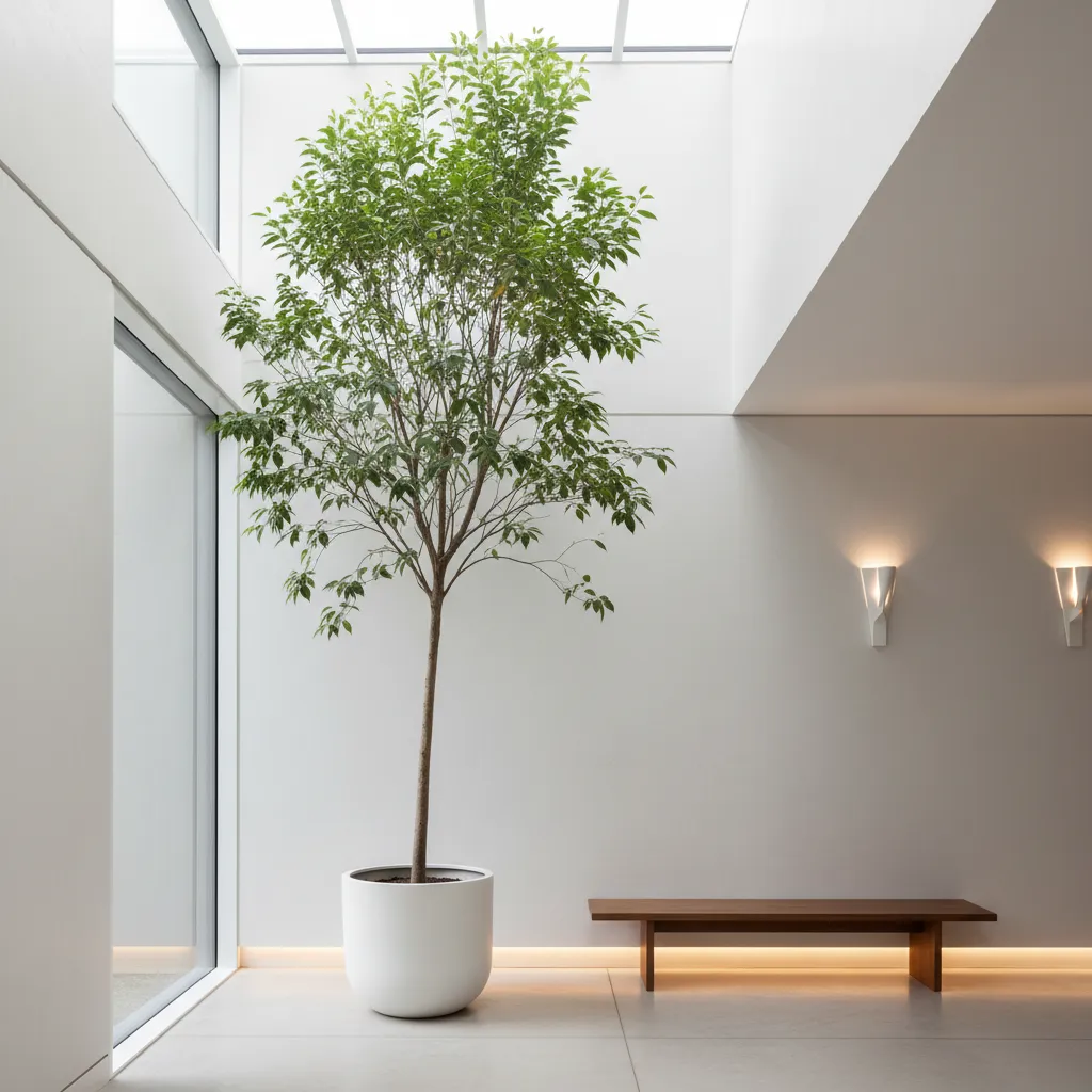 Tall indoor tree in white pot near wooden bench with two wall lights and sunlight