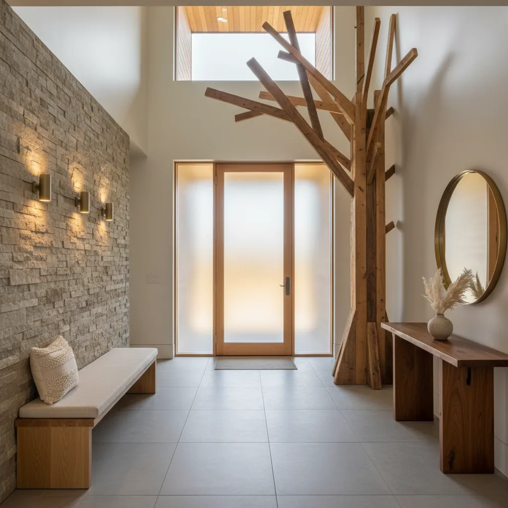 Árbol de madera decorativo colocado en la entrada de una casa