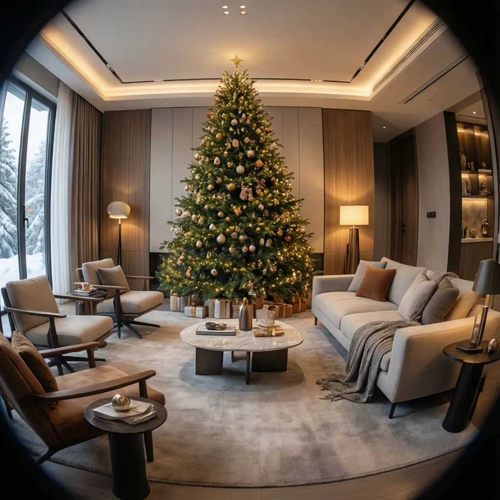 Árbol de Navidad decorado como punto focal en un salón moderno
