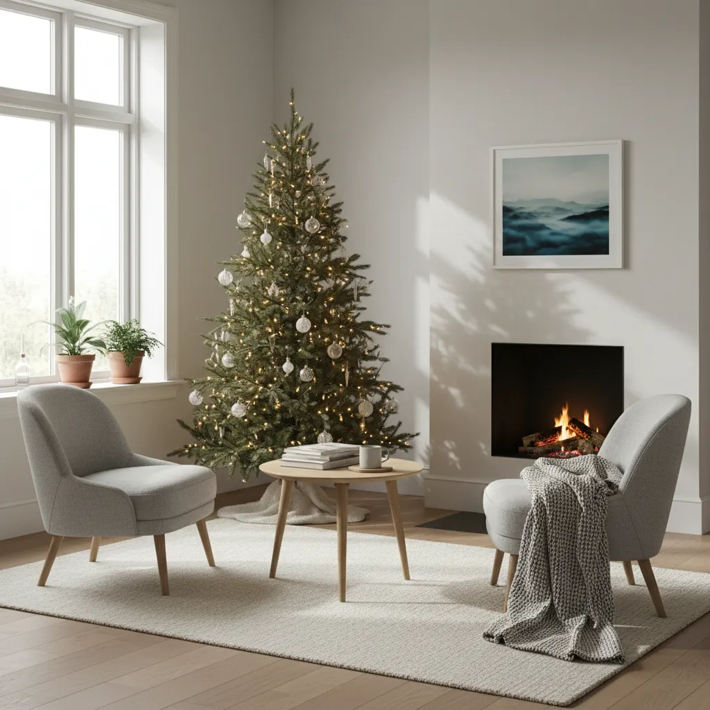 Árbol de Navidad colocado en la esquina de un salón moderno