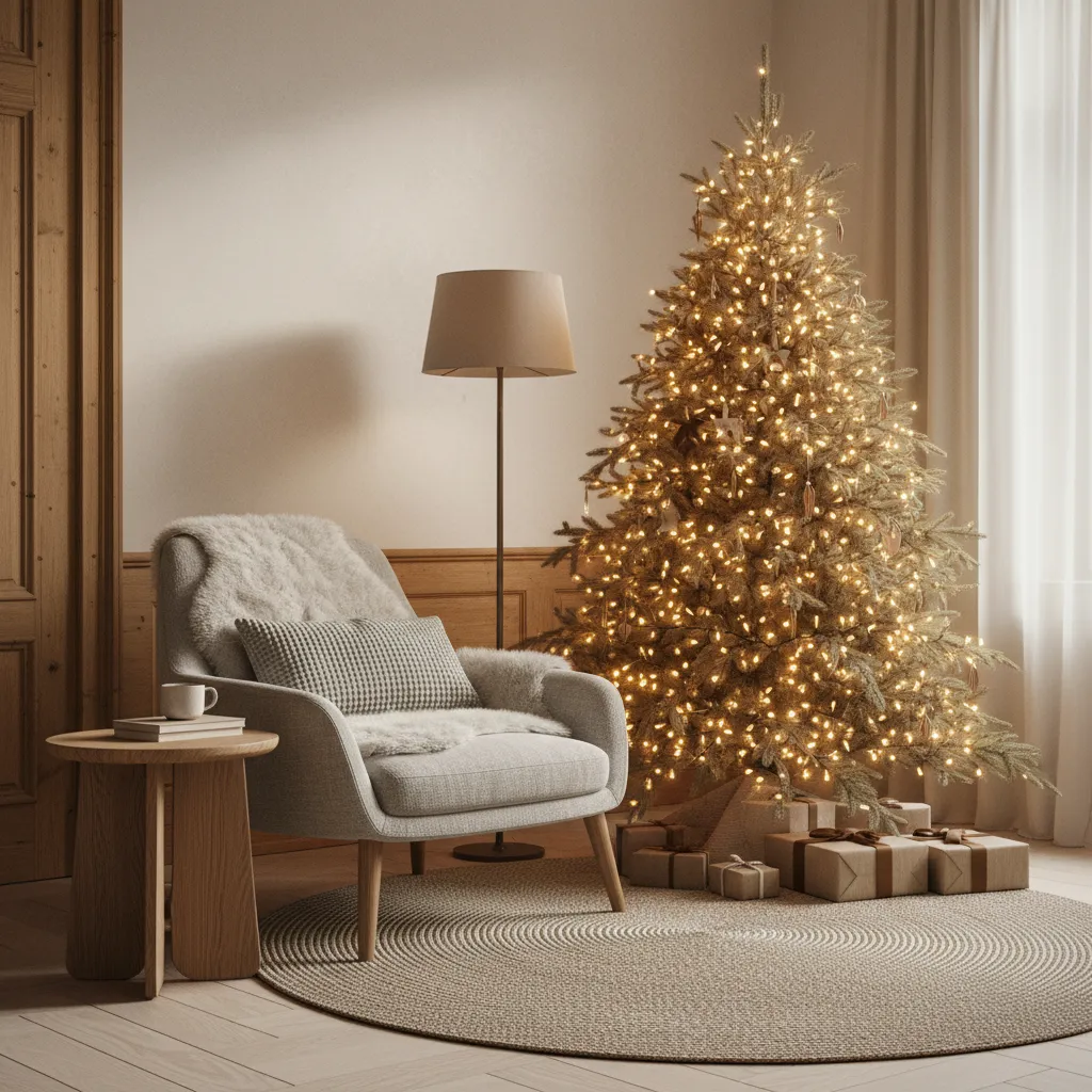 Árbol de Navidad decorado en una esquina del salón como punto focal