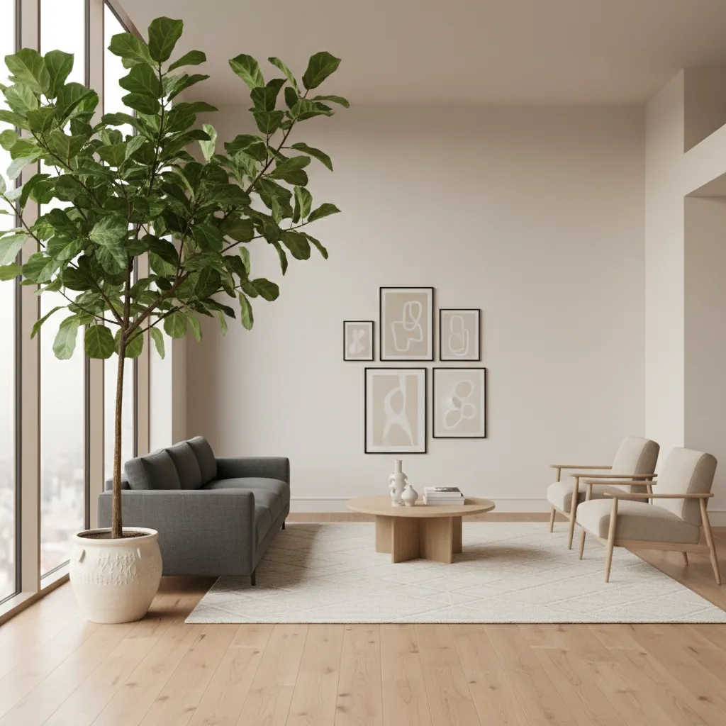 Modern living room with large potted tree grey sofa wooden coffee table and two chairs