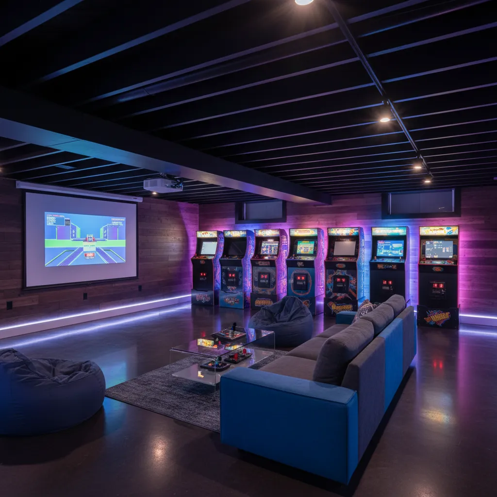 Retro arcade game room with multiple arcade cabinets and neon lighting