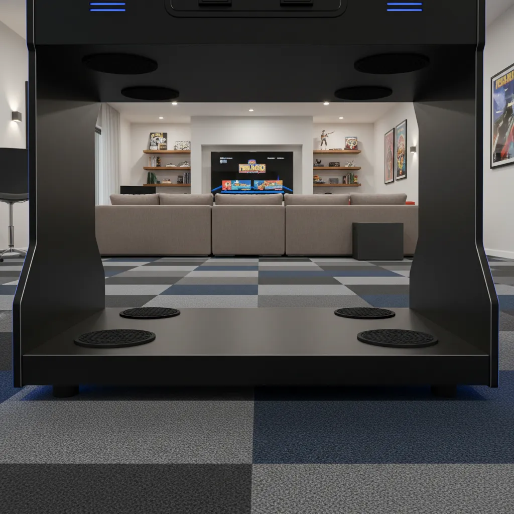 Arcade machine placed on vibration isolation pads in a home game room