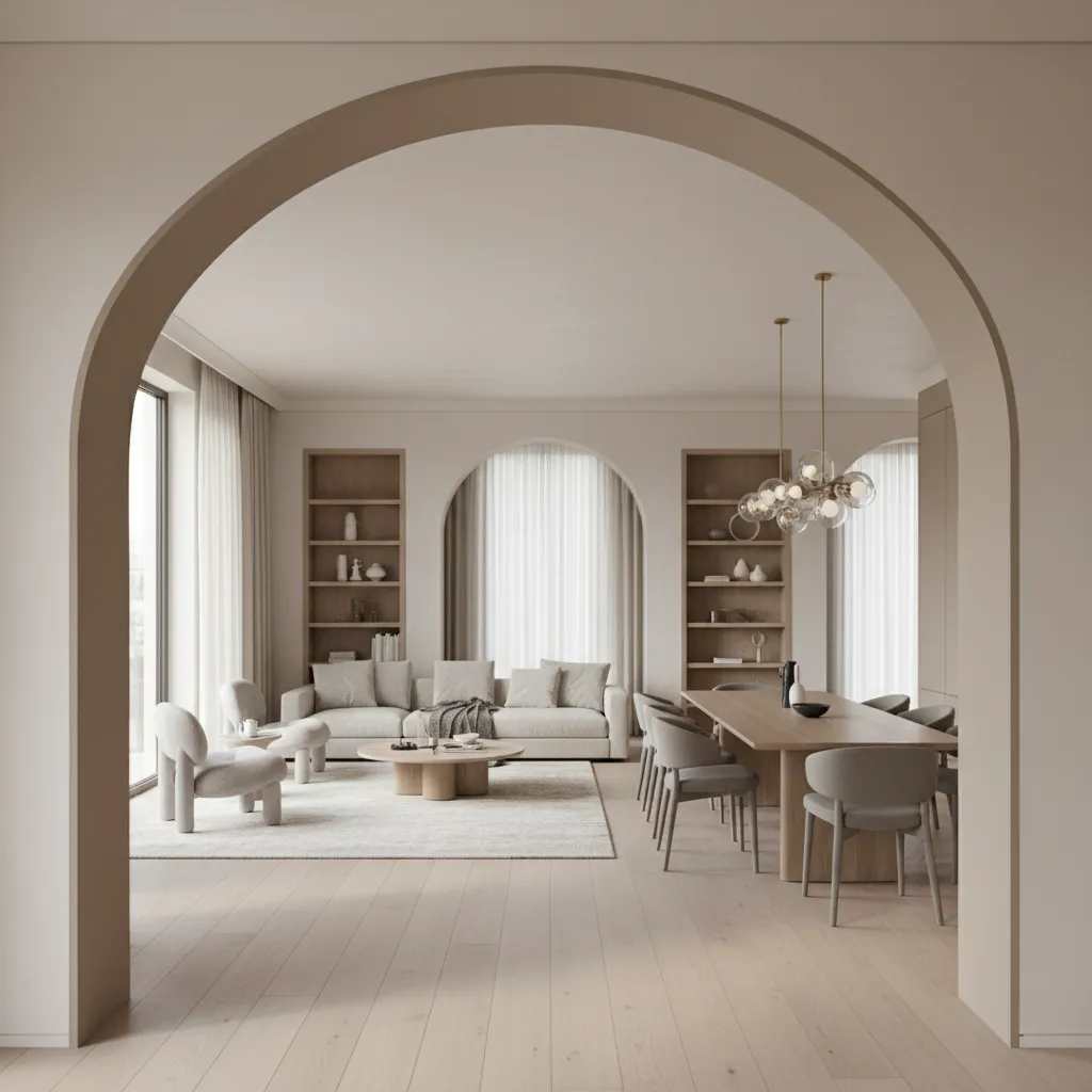 Spacious living room with grey sofa wooden bookshelves and dining table through large wall arch