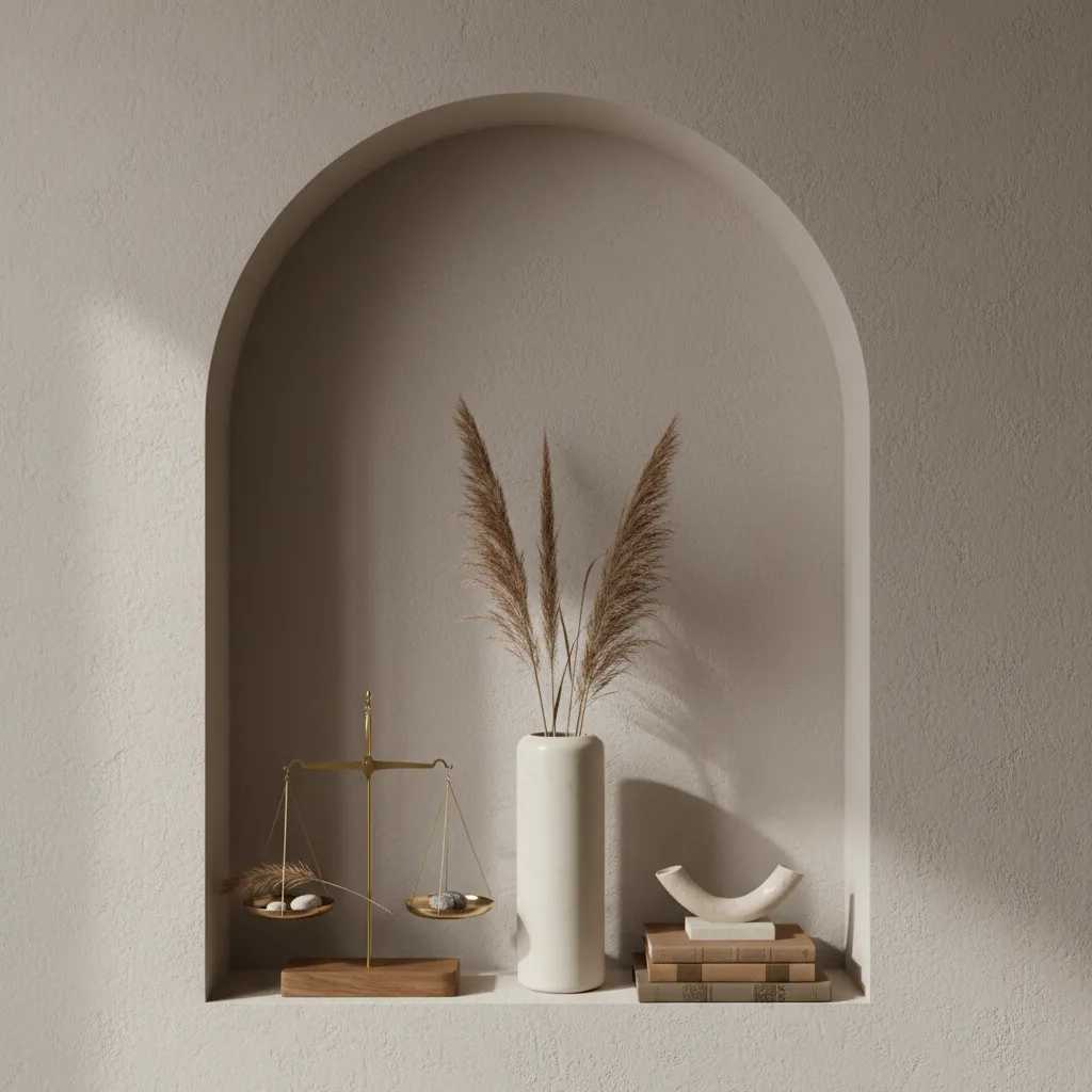 Example showing proper decor scale inside a half arch niche with large vase and small accent