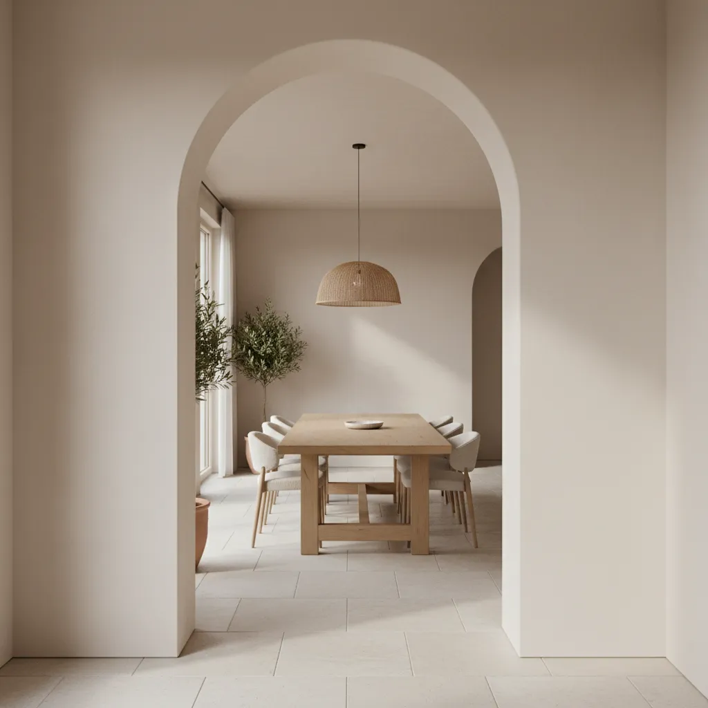 arched opening connecting hallway and dining room
