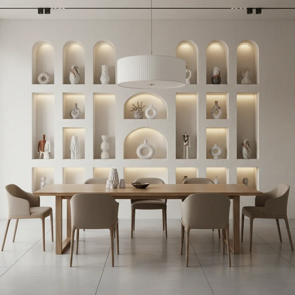 decorative arch niches with ceramics in a modern dining room wall